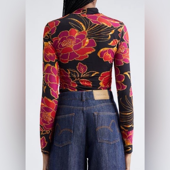 Farm Rio Floral Long Sleeve Jersey Top Shiny Chita Print Black Pink Orange Small - Picture 2 of 11
